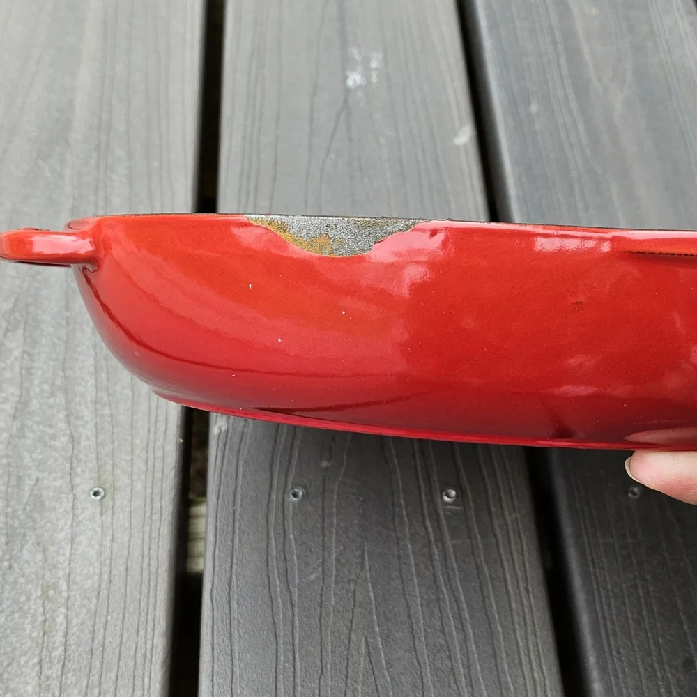 Used once Staub classic cast iron fry pan in cherry red